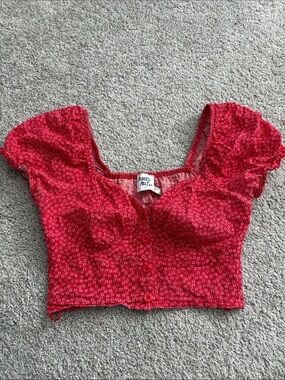 Princess Polly Red Floral Button-Front Puff Sleeve Crop Top
